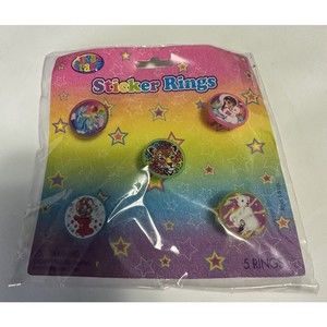 New Sealed Lisa Frank Sticker Rings 5pk #10547 Pink Blue Purple Dogs Bear & Girl